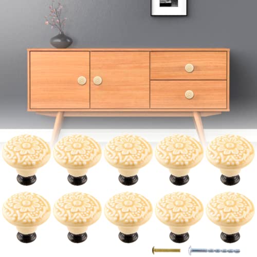 Bivethoi 10Pcs Light Yellow Cabinet Knobs 1.3 Inch / 34Mm Ceramic Dresser Knobs, Decorative Furniture Knobs Retro Drawer Pulls Handles, Vintage Cupboard Knobs Wardrobe Door Knobs, Closet Single Knobs #TOP1