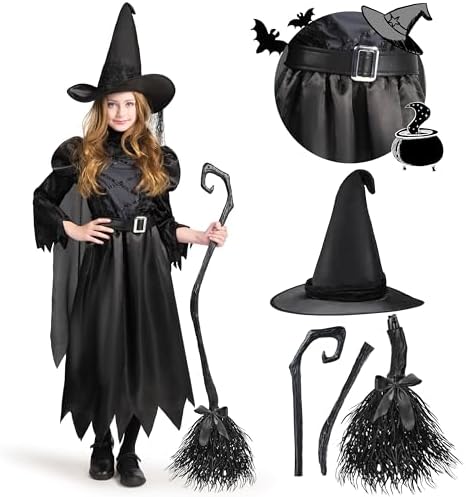 Spooktacular Creations Schwarze Hexe Kostüm für Mädchen Halloween Kostüm Party, Magic Deluxe Fancy Dress Outfit für Kinder Rollenspiel Party, Halloween, Karneval