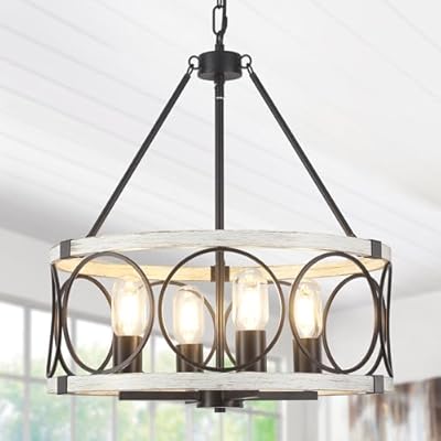 Farmhouse Chandelier 4 Light Rustic White Drum Chandeliers for Dining Room Light Fixtures Over Table Vintage Round Pendant Lights Kitchen Island Lighting for Entryway Foyer Bedroom Hallway Living Room