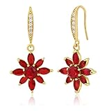 Weviway 14K Gold Plated Flower Drop Earrings for Women, Green Emerald/Red Ruby Crystal CZ Dangle Earring, Elegant Birthstone Jewellery Gift