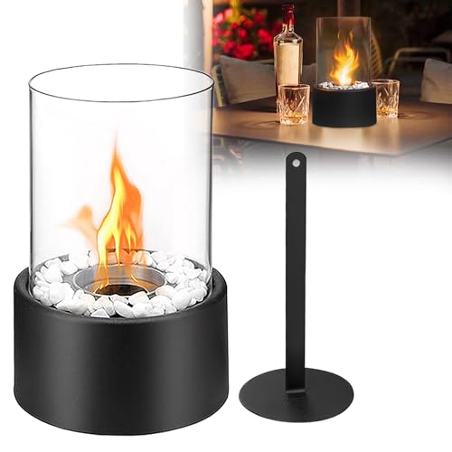 TATIVALO Chimenea portátil de bioetanol de mesa con base de cristal y acero inoxidable – Chimenea de mesa limpia con pequeñas piedras decorativas para exterior, interior, balcón y jardín, tipo A