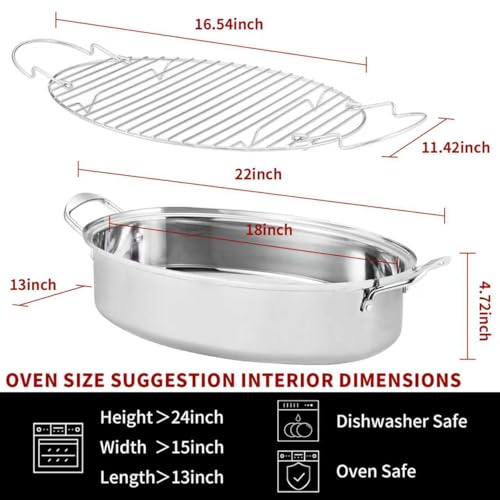 Roasting Pan With Rack and Lid,Oval Stainless Steel Turkey Roasting Pan,22INCH(With Handle), Dishwasher Safe Bakeware for Turkey,Roasted Chicken,Beef or Veggies,by DIMESHY by DIMESHY - Image 4