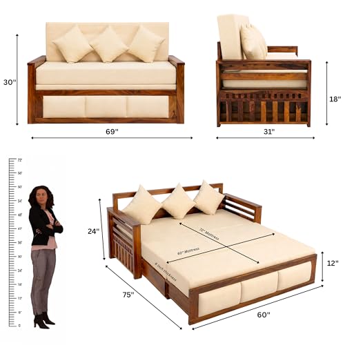Image of SONA ART & CRAFTS Zeus Sheesham Wood 3 Seater Sofa Cum Bed with Bedside | Wooden 3 Seater Sofa for Living Room Wooden Furniture Sofa Bed for Home (Natural Finish)