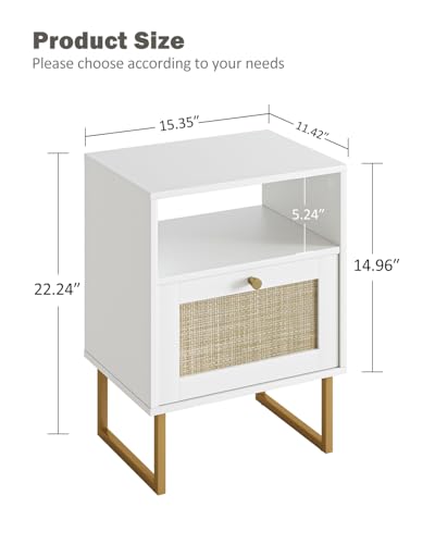 Image of Rattan Nightstand, Boho Night Stand Farmhouse Wood Bedside Table with Storage and Open Shelf, End Side Accent Table for Bedroom,Living Room,White