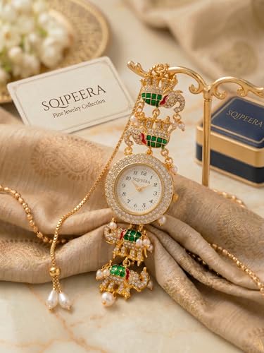 Image of Kashmiri Watch for Women | Gold Tone Round Dial | Crystal Studded Floral Design | Adjustable Chain Traditional Ethnic Jewellery Gift