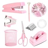 Pink Desk Accessories, Pink Office Supplies Set with Stapler, Tape Dispenser, Staple Remover, Pen Holder, Scissor, Binder/Paper Clips, Ballpoint Pen, Clear Tape and 1000pcs Staples