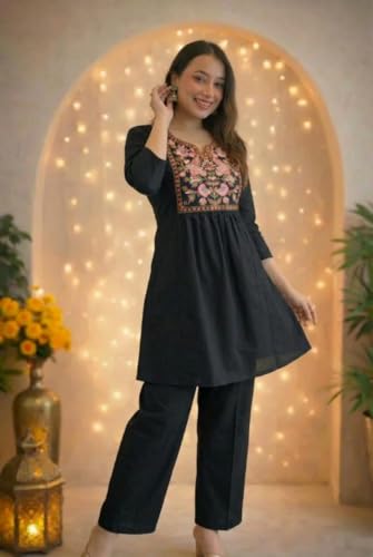 Image of Women's Rayon Embroidered Kurti with Pant Set | Floral Yoke Design | 3 /4 Sleeve Ethnic Co-Ord Set | Regular Fit Traditional Outfit