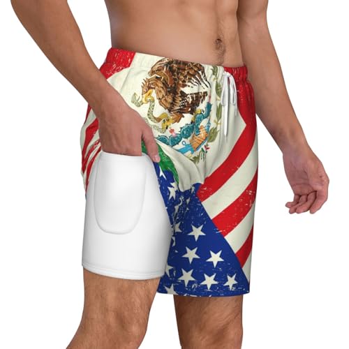 Mexican American Flag Print Men's Double Shorts Casual Lightweight Elastic Waist Drawstring Summer Beach Shorts2