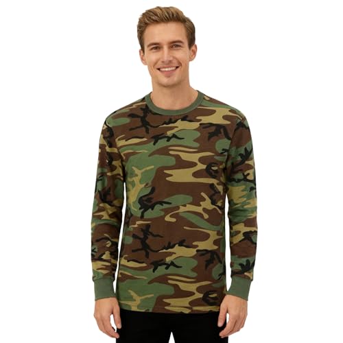 TWCHAS Men's Camo Long Sleeve Shirt - Military Tactical & Hunting & Fishing T-Shirt - Breathable and Lightweight, Suitable for Outdoor and Everyday Wear(Woodland Camo/XL)
