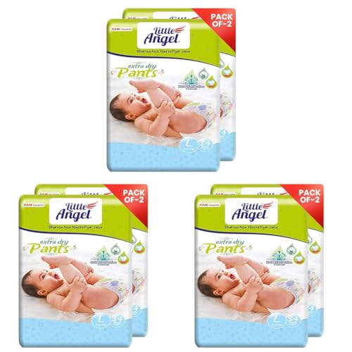 Image of Little Angel Extra Dry Baby Pants Diaper, Large (L) Size, 68 Count, Super Absorbent Core Up to 12 Hrs Protection & Wetness Indicator, 8-14kg (34 count /pack, Pack of 6)
