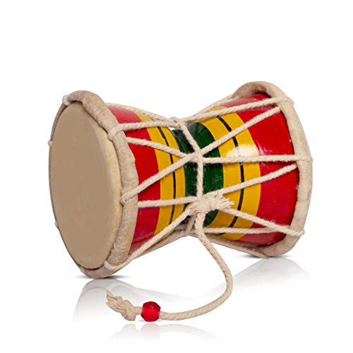 4 Inch Small Handmade Traditional Authentic Wooden & Leather Classical Indian Folk Dumroo Damroo Damaru Hand Drum Percussion Instrument Set, Decorative Collectible Showpiece World Musical Instruments