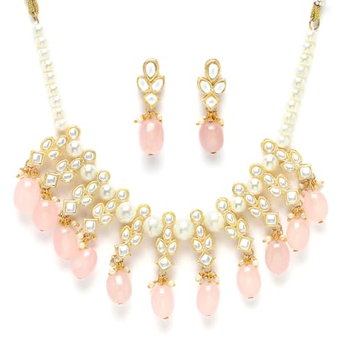 Image of Karatcart Pink Stone Studded Pearl Kundan Necklace Set for Women