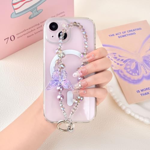 Fycyko Beaded Phone Wrist Strap Crystal Glitter Cute Butterfly Aesthetics Design Keychain Wristlet,Luxury Phone Chain Wristlet Purse Bag Charms-Purple - 4
