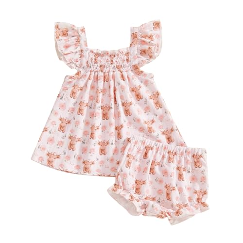 LZUBCPY Western Baby Girl Summer Clothes Boho Highland Cow Smocked Dress Shirt Ruffle Bloomer Shorts Cute Cowgirl Outfit (Pink 0-3 Months)