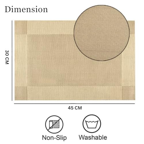 Image of Solitude Placemats Set of 6 Dining Table Place Mats | Placemats Table Mat PVC Material | Non-Slip Heat Resistant | Dining Tablemates Washable Anti-Skid | Size 45 x 30 CM (Gold)