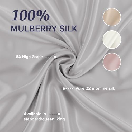 Image of Beckham Hotel Collection Silk Pillow Case with Zipper, 100% Mulberry Silk Pillowcase for Hair & Skin, 22 Momme 6A Grade, Oeko-TEX Certified, 1PC, King, Silver Cloud