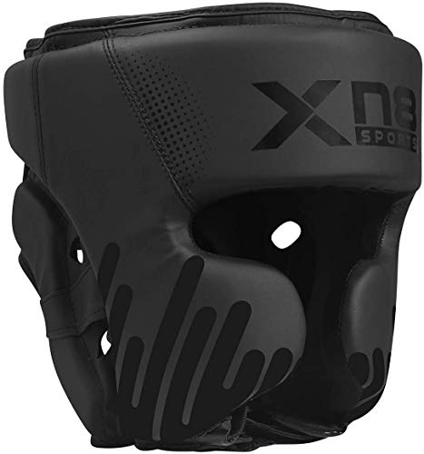 XN8 Headguard MMA Training Boxing Leather Head Guard for Ear, Cheeks Face Protection-Headgear Helmet for Grappling, Muay Thai, Kickboxing, Karate, BJJ, Taekwondo, Fighting, Martial Arts-Matte Black