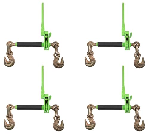 Image of Mytee Products 4 Pack 1 /2 inch - 5 /8 inch Hi-Viz Green Heavy Duty Folding Handle Ratchet Load Binder w /Grab Hook 18,100 lbs WLL | Tie Down Hauling Chain Binders for Flatbed Truck Trailer