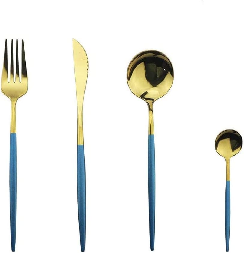 4 PCs Golden Flatware, Silverware Set Cutlery Set Stainless Steel Tableware Kitchen Set Dinnerware Spoon Fork Knife Dinner Set Utensils Set (Blue, 4)