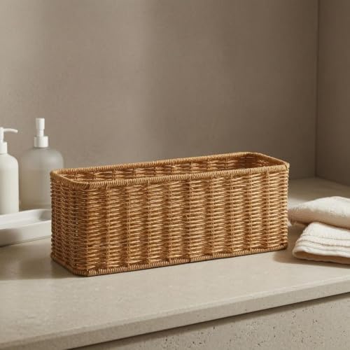 Panier imitation rotin pour salle de bain et coiffeuse marron clair