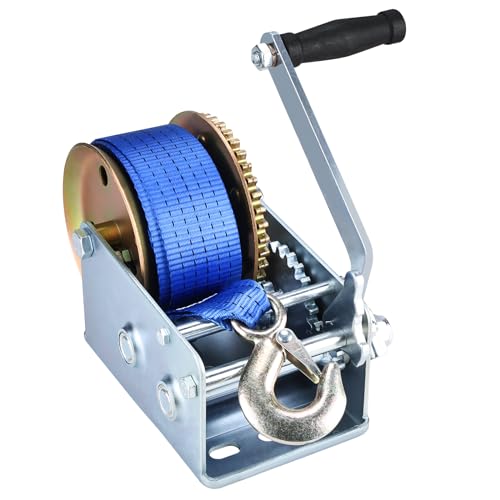 BTSHUB 2500 lbs Boat Trailer Winch - Heavy Duty Hand Winch with 33 FT Polyester Strap & Hook, Two-Way Ratchet Portable Manual Crank Winch for ATV UTV Boat Marine Towing