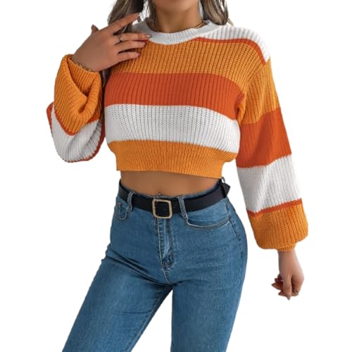 Jersey corto a rayas para mujer, manga larga, bloque de color rosa y blanco, naranja, L Jersey corto a rayas para mujer, manga larga, bloque de color rosa y blanco, naranja, L