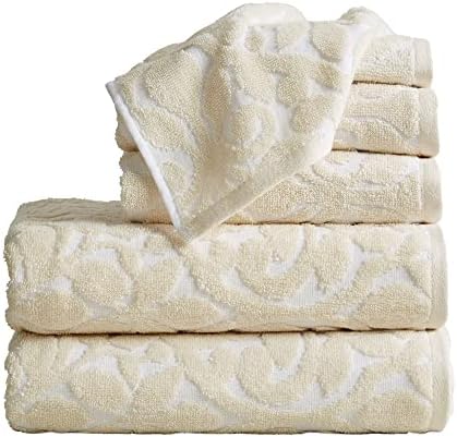 Great Bay Home 100% Cotton Jacquard Bathroom Towels. Absorbent Quick-Dry Plush Bath Towels. Cassie Collection (6 Piece Set, White/Tan)