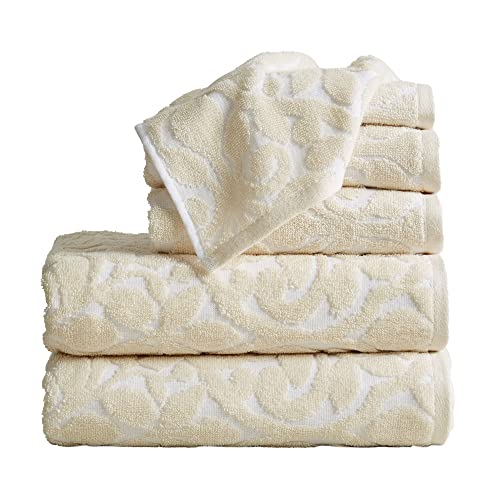 Great Bay Home 100% Cotton Jacquard Bathroom Towels. Absorbent Quick-Dry Plush Bath Towels. Cassie Collection (6 Piece Set, White/Tan) #TOP13