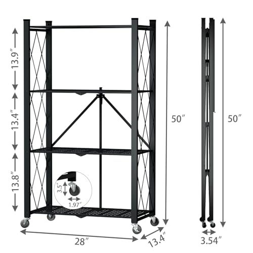 Image of 4 Tier Foldable Storage Shelf with Wheels, Metal Steel Collapsible Shelves | Heavy Duty Folding Shelf Loads 600 LBS, Rolling Standing Utility Rack for Kitchen, Pantry, Office, Black