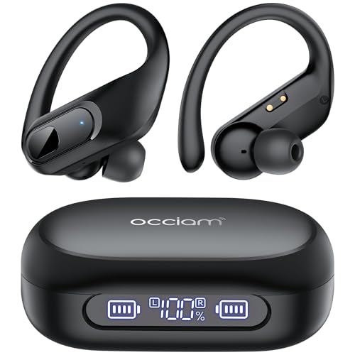 occiam Active Noise Cancelling Wireless Earbuds Bluetooth Headphones Ear Buds 96Hrs Playback Clear Call Waterproof Earphones with Ear Hook Microphones for Sport Running (Black Standard)