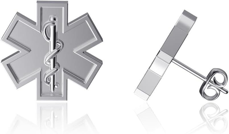 EMT Post Earrings - Platinum Plated 925 Solid Sterling Silver, Studs, Hypoallergenic Jewelry Gifts for Emergency Medical Technician and Women Doctor and Nurse Charms by Dayna Designs