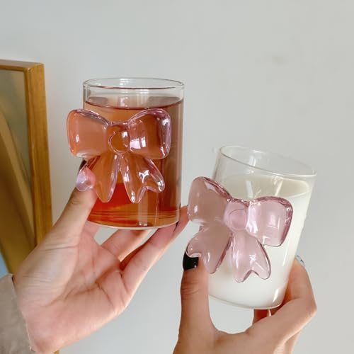 Image of Goaste 4 Pack Cute Pink Bow Glass Cups, 10 oz Clear Water Glasses with Bow Design, Aesthetic Iced Coffee Mug Tumbler, Old Fashioned Cocktail Glassware for Women Friends Wedding Engagements Gifts Party