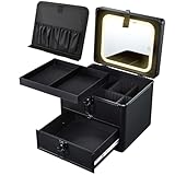 Faquenc Makeup Case with Drawer, Detachable Lighted LED Mirror, Makeup Organizer Box Travel Make up Vanity Case Portable Cosmetic Train Case for MUA Lockable Makeup Suitcase with Adjustable Dividers