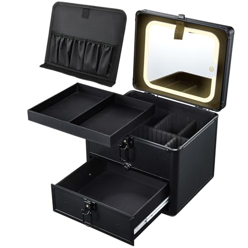 Faquenc Makeup Case with Drawer, Detachable Lighted LED Mirror, Makeup