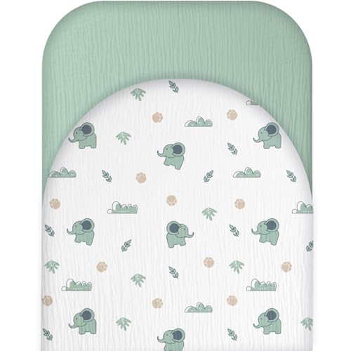 Image of Muslin Bassinet Sheets for Baby Boy Girl - Extra Soft 100% Cotton Bassinet Sheets Fitted for Oval Rectangle Hourglass Mattress, 2 Pack(Green&Elephant)