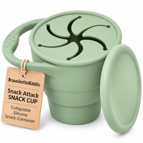 Image of Toddler Snack Container - Silicone Snack Cup With Lid (Mint Green) | Collapsible Snack Cup for Toddlers - Spill-resistant Toddler Snacks Catcher With Handle Fits Car Seat Cup Holders