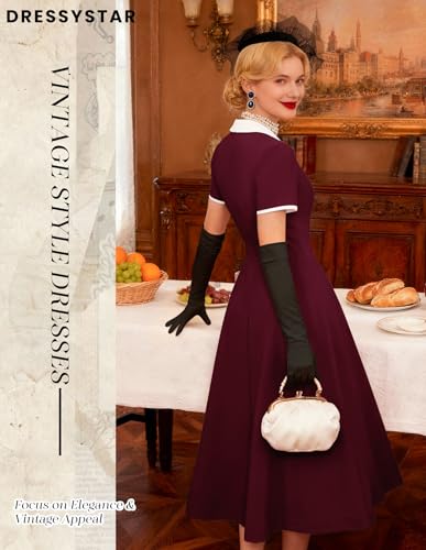 Image of Dressystar Women's 1950s Vintage Swing Dress Short Sleeve V Neck A Line Retro Rockabilly Cocktail Party Dresses With Pockets