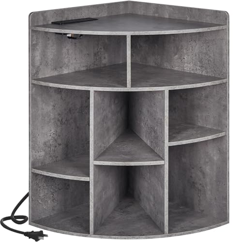 VECELO Corner Cube Shelf with USB Ports & Outlets, Modern Corner Toy Storage Rack with Adjustable Shlef, Wooden Display Bookshelf Bookcase for Living Room, Bedroom, Dining Room, Kitchen, Gray