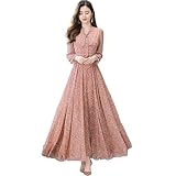 [J-Scott] [ジェイスコット] ロングシフォンワンピース レディース 小花柄 パフスリーブ ボウタイリボン ハイウエスト Ａライン ピンク JS08-PK-4XL