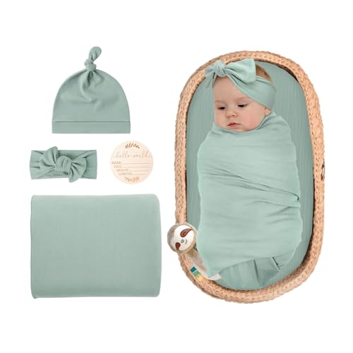 Image of ZURLEFY Green Baby Girl Newborn Swaddle Blanket, Receiving Blankets with Headband and Beanie Set for Baby Boys Nursery Swaddle Wrap (61-02)