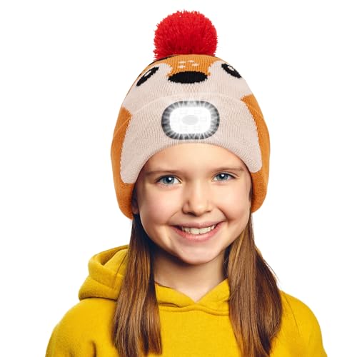 AYPOW Niños LED Gorro con Luz, Linterna Frontal LED Recargable por USB Faros Manos Libres, Sombreros Gorros Invierno Cálido Punto con Antorcha, Regalos para Niños Niñas Correr Senderismo Acampar