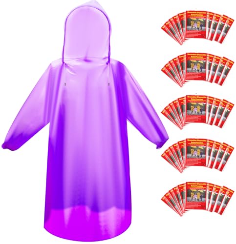 Bruvoalon 6 & 20 & 50 Pack Disposable Rain Ponchos for Adults/Youth Waterproof PE Raincoats with Drawstring Camping/Emergency Purple