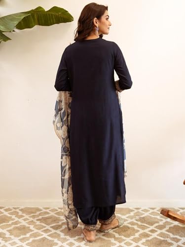 Image of INDO ERA Women's Navy Blue Viscose Rayon Embroidered Straight Kurta Pant with Dupatta Set (IEOUT6939 Medium)