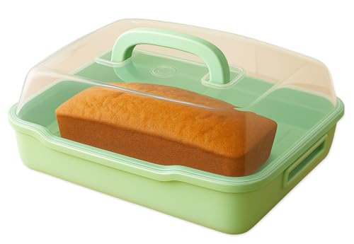 BH | Plastic Cake Storage Box | Green | 1Pc | BPA Free | Cake, Muffins and Pastry Carrier With Handle | Rectangular Lockable Food Container - L 40cm x W 28cm x H 10.5cm - (Pack of 1) - By BEST HOUSE