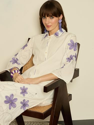 Image of INDO ERA Women's Pure Cotton Embroidered A-Line Kurta & Pant Set (IERAI11820)