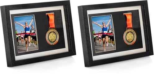 Image of Hacaroa Medal Display Shadow Box, Single Medal and Photo Display Frame Case, Wood Marathon Medal Storage Box for Runners, All Sports Winners, Military Awards, Black (Pack of 2)