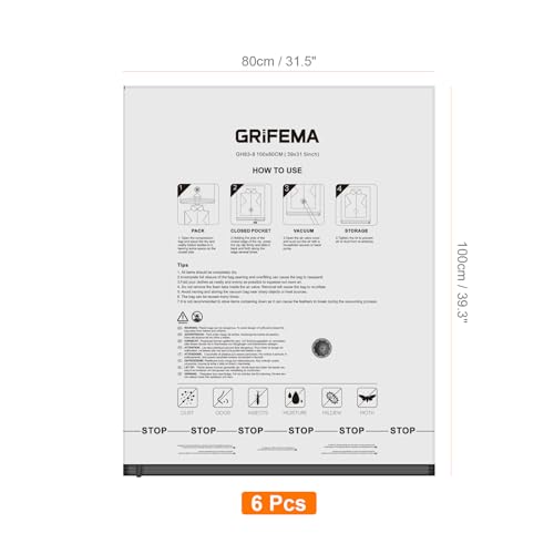 GRIFEMA 6 Stück Vakuumbeutel 100x80 cm – Platzsparend für Bettwäsche, Bettdecken, Decken und Reisen, Wiederverwendbar Vakuumbeutel für Kleidung, GH83-8