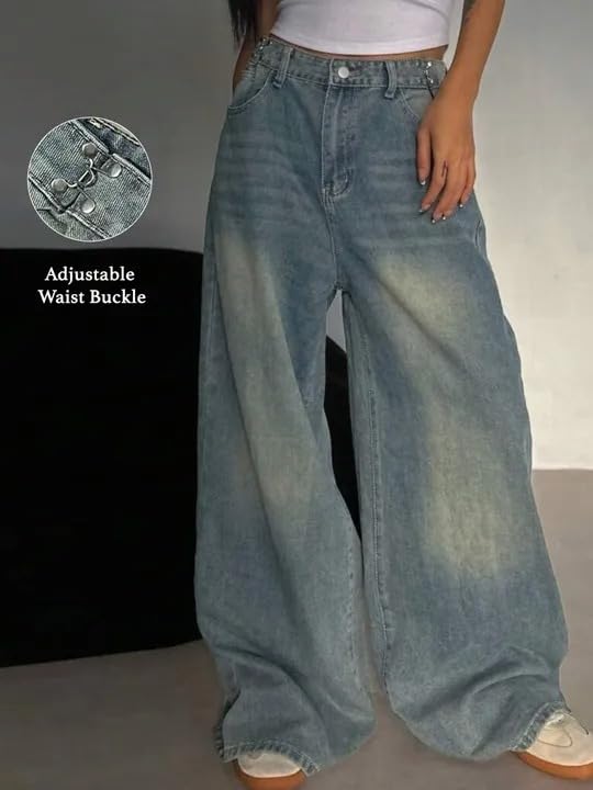 Image of KOTTY Women Trendy Wide Leg Jeans High Waist Baggy Fit Denim Streetwear Jeans