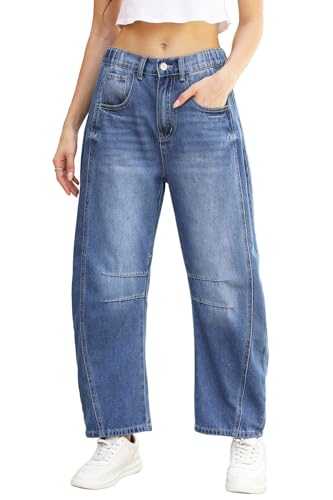 Ladyful Barrel Jeans Vintage Elastic Mid Rise Wide Leg Jeans for Women Trendy Baggy Boyfriend Denim Pants with Pockets