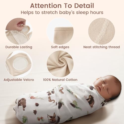 Image of david's kids 100% Cotton 3 Pack Baby Swaddle Wrap for 0-3 Months, Soft Breathable Swaddle Blanket for Newborn Infant, Adjustable Baby Wrap Sleep Sacks for Boys Girls, Newborn Essentials, Woodland